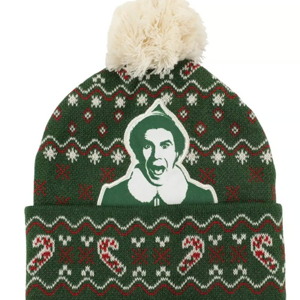 Buddy the Elf Face Green Pom Pom Beanie Hat